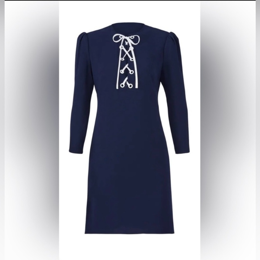 $395 Shoshanna Navy Blue Nikki Lace-Up Shift Dress - Nautical Preppy - Size 6
